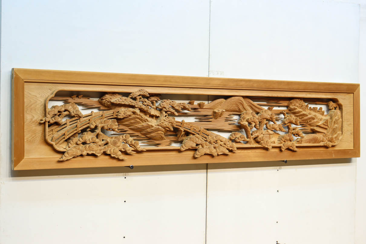 近江八景の風景を豪胆な深彫りで描いた彫刻欄間　EZ3079ab　在庫(a:1 b:1)枚