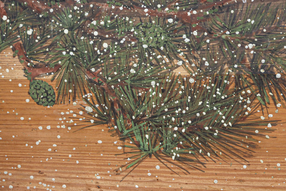 眼光鋭い鷹が松の木に佇む風景を描いた上質感漂う板絵欄間　EZ3107ab　在庫2枚一組