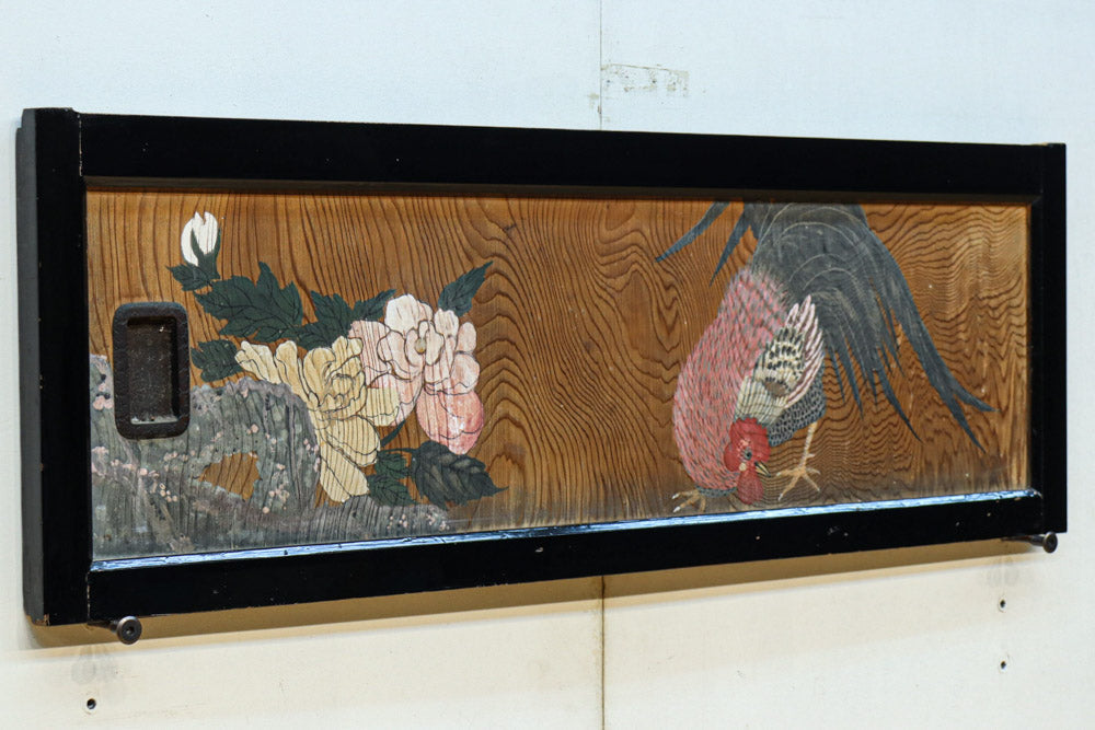 古色の味わいで牡丹と鶏を描いた雅な板絵小型建具セット　EZ3128ab　在庫2枚1組