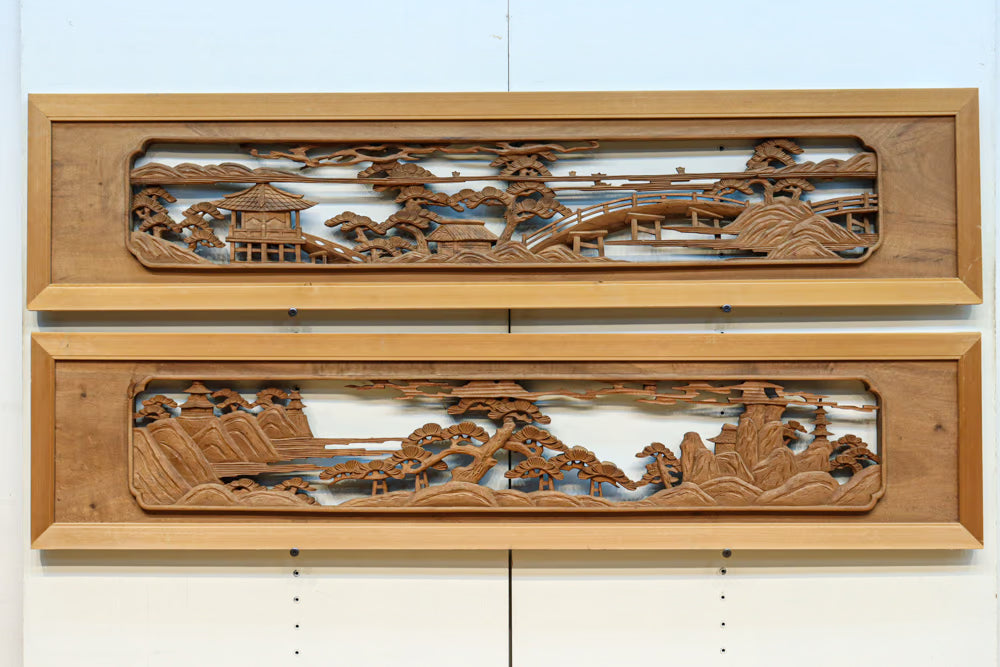 清閑な風景を立体感を持たせて描いた深彫り彫刻欄間　EZ3161ab　在庫(a:1 b:1)枚