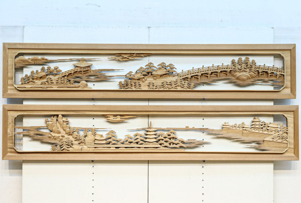 繊細かつ迫力の彫刻で描かれた近江八景が見事な彫刻欄間　EZ3180ab　在庫(a:1 b:1)枚