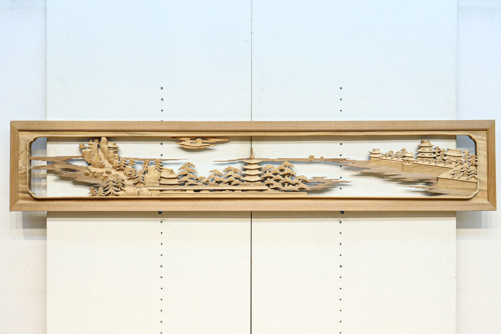 繊細かつ迫力の彫刻で描かれた近江八景が見事な彫刻欄間　EZ3180ab　在庫(a:1 b:1)枚
