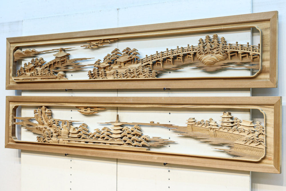 繊細かつ迫力の彫刻で描かれた近江八景が見事な彫刻欄間　EZ3180ab　在庫(a:1 b:1)枚