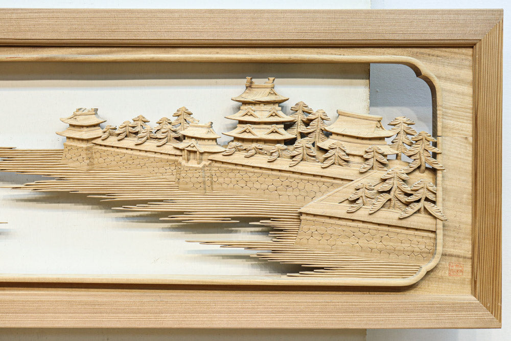 繊細かつ迫力の彫刻で描かれた近江八景が見事な彫刻欄間　EZ3180ab　在庫(a:1 b:1)枚