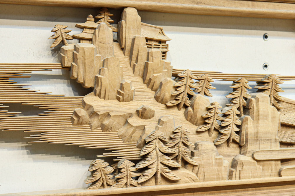 繊細かつ迫力の彫刻で描かれた近江八景が見事な彫刻欄間　EZ3180ab　在庫(a:1 b:1)枚