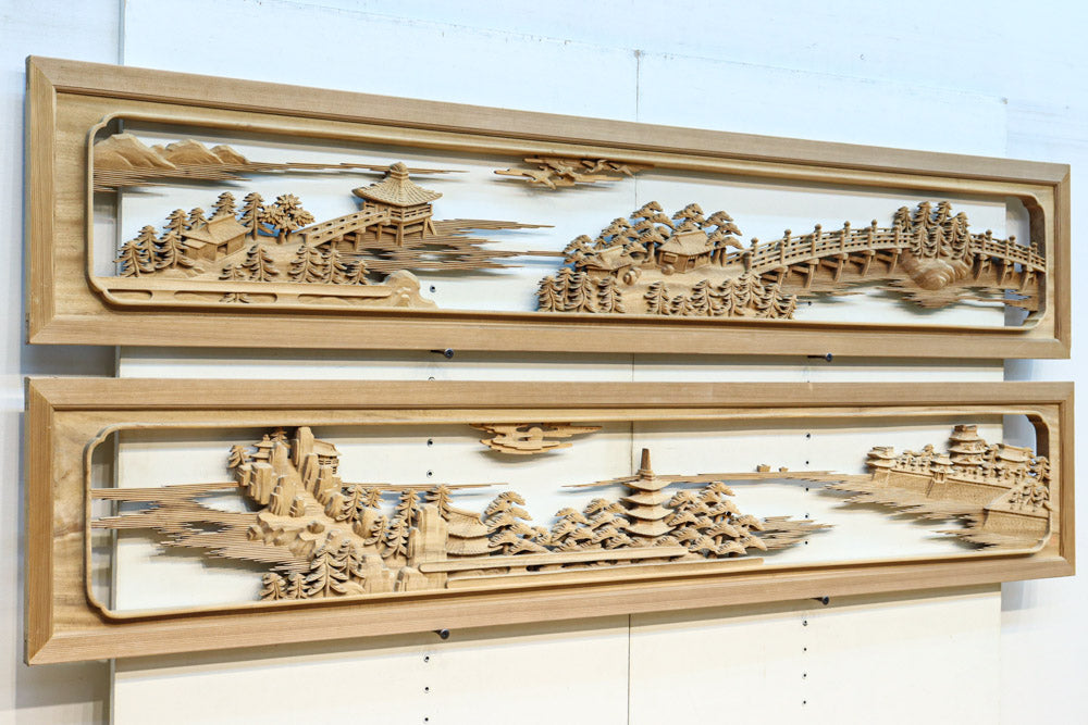 繊細かつ迫力の彫刻で描かれた近江八景が見事な彫刻欄間　EZ3180ab　在庫(a:1 b:1)枚