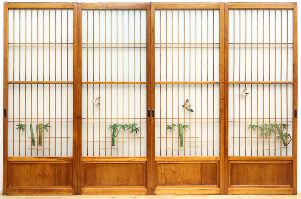 幅668ミリ スリム幅!! 竹雀を添えた風流な両面ガラス戸セット F8235