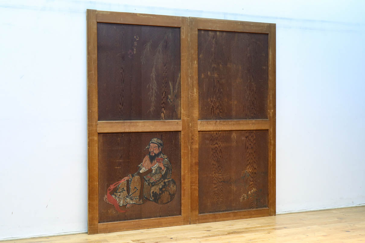 唐獅子の親子に牡丹を添えた歴史を重ねた味わい深い絵戸一組　F8481ab　在庫2枚一組