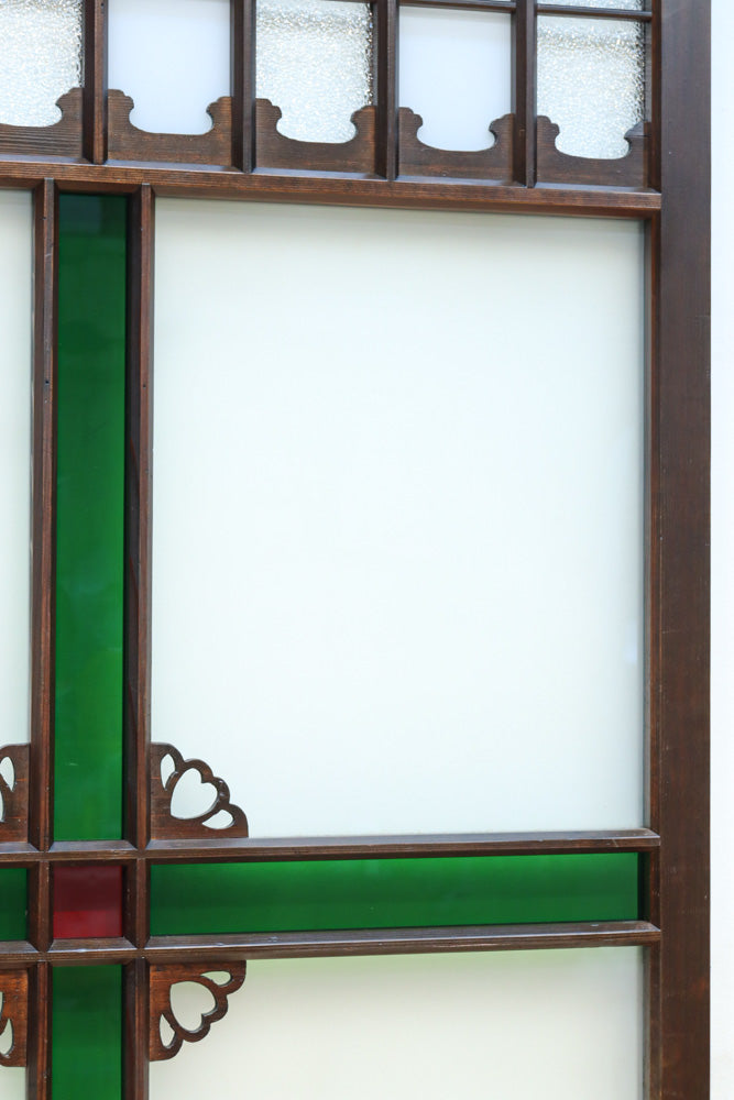 幅817ミリ　グリーンカラーの大きな十字枠が目を引くガラス戸　F8523　在庫1枚