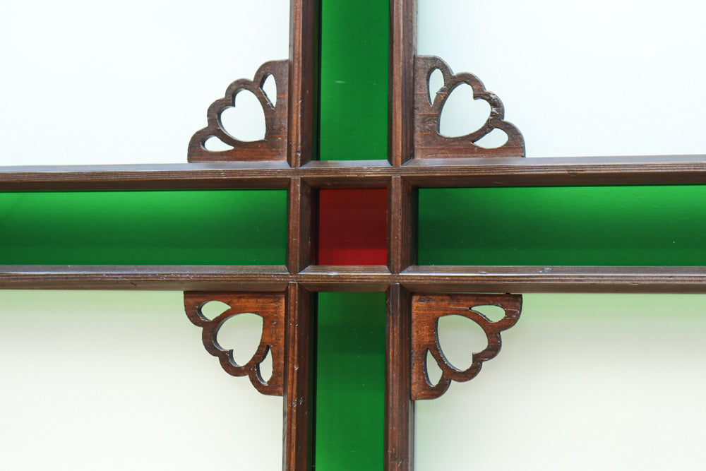 幅817ミリ　グリーンカラーの大きな十字枠が目を引くガラス戸　F8523　在庫1枚