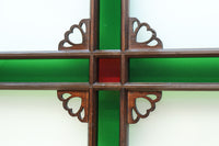 幅817ミリ　グリーンカラーの大きな十字枠が目を引くガラス戸　F8523　在庫1枚