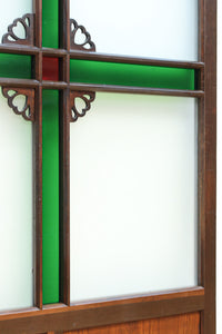 幅817ミリ　グリーンカラーの大きな十字枠が目を引くガラス戸　F8523　在庫1枚