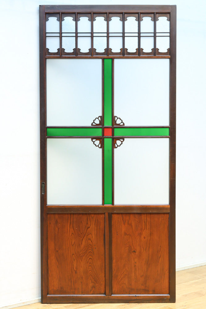 幅817ミリ　グリーンカラーの大きな十字枠が目を引くガラス戸　F8523　在庫1枚