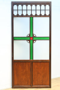 幅817ミリ　グリーンカラーの大きな十字枠が目を引くガラス戸　F8523　在庫1枚