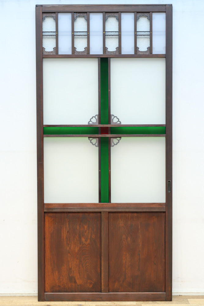 幅817ミリ　グリーンカラーの大きな十字枠が目を引くガラス戸　F8523　在庫1枚