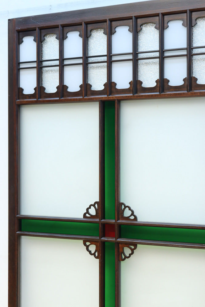 幅817ミリ　グリーンカラーの大きな十字枠が目を引くガラス戸　F8523　在庫1枚