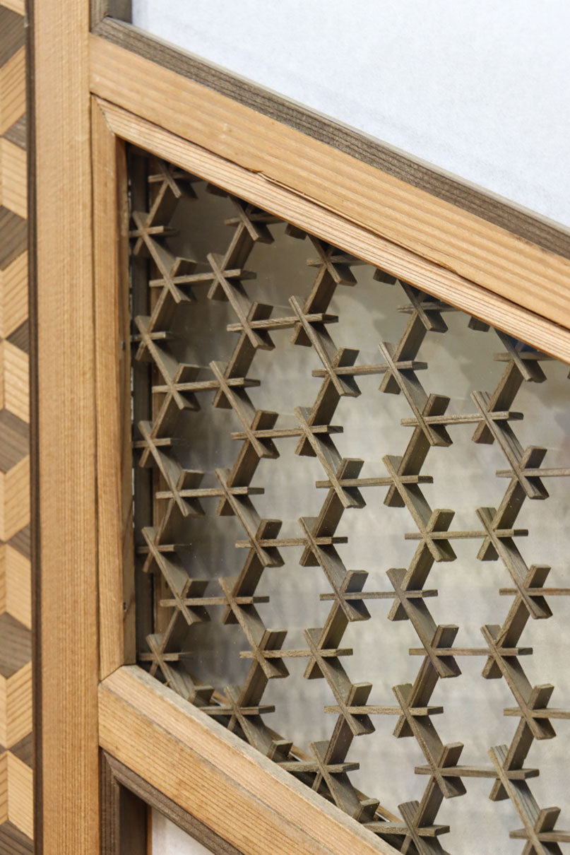 幅925ミリ　三色亀甲網代と組子模様が和モダンに飾るワーロン入り稀少障子戸　F8554　在庫2枚