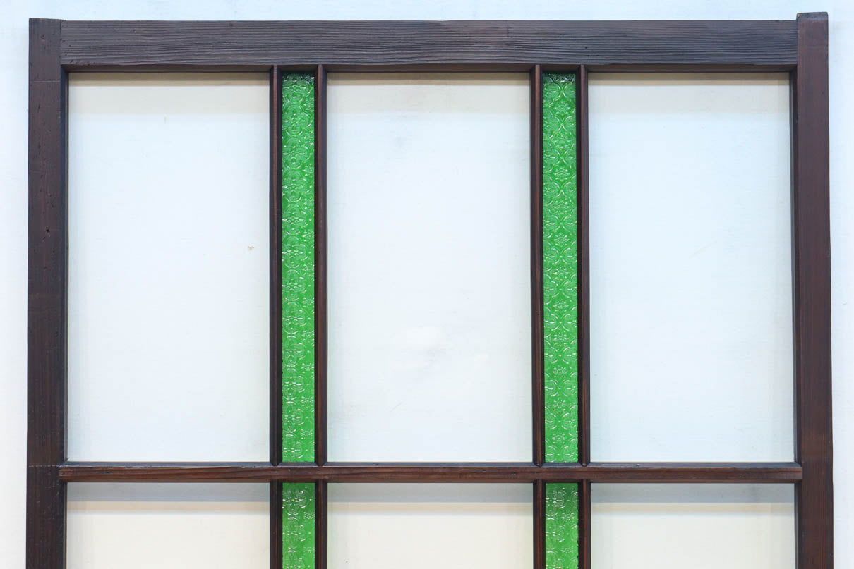 幅873ミリ　グリーンガラスのラインが爽やかなレトロガラス戸　F8558　在庫2枚