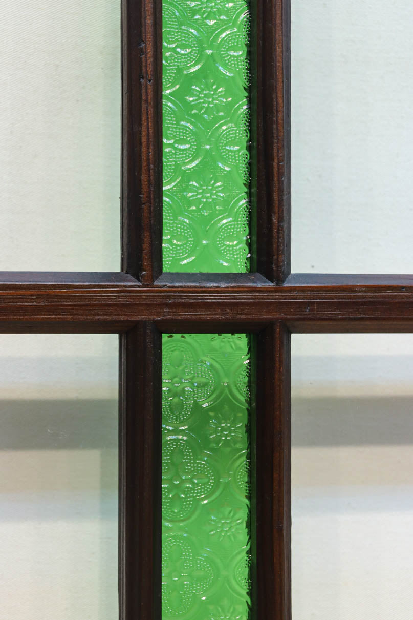 幅873ミリ　グリーンガラスのラインが爽やかなレトロガラス戸　F8558　在庫2枚