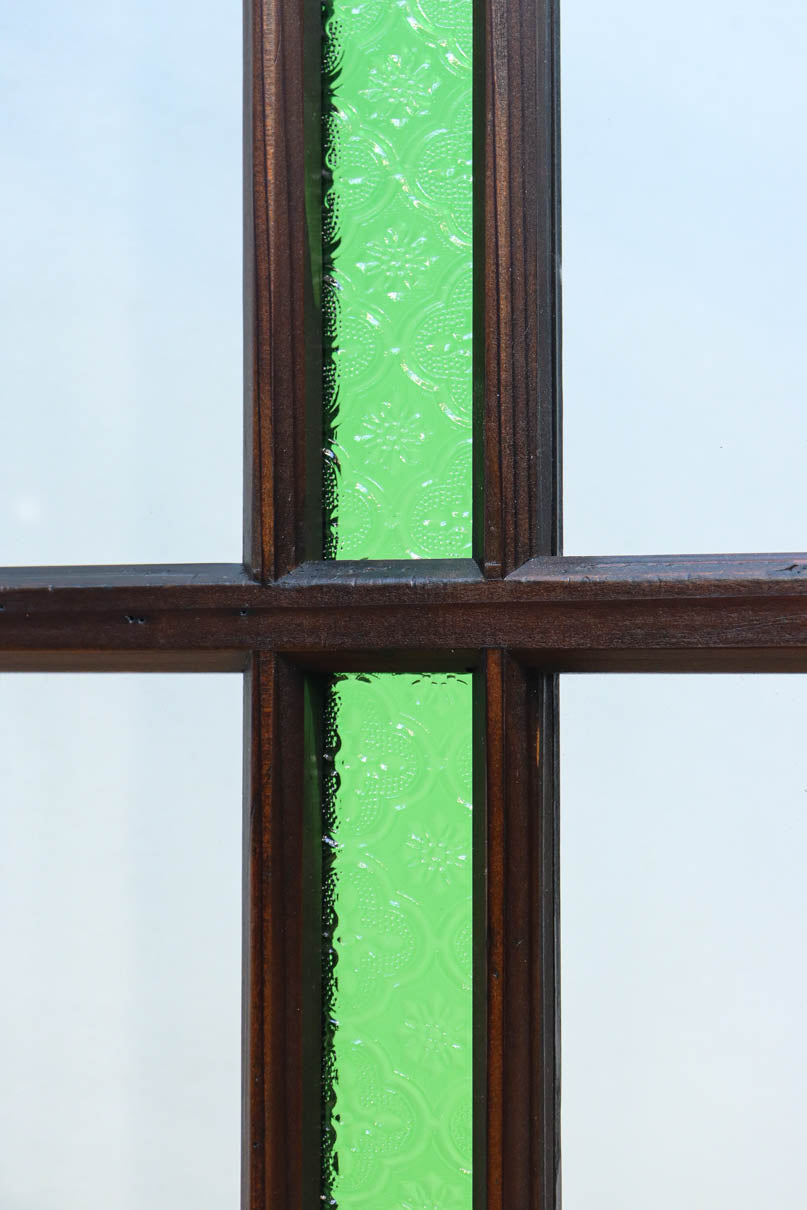 幅873ミリ　グリーンガラスのラインが爽やかなレトロガラス戸　F8558　在庫2枚