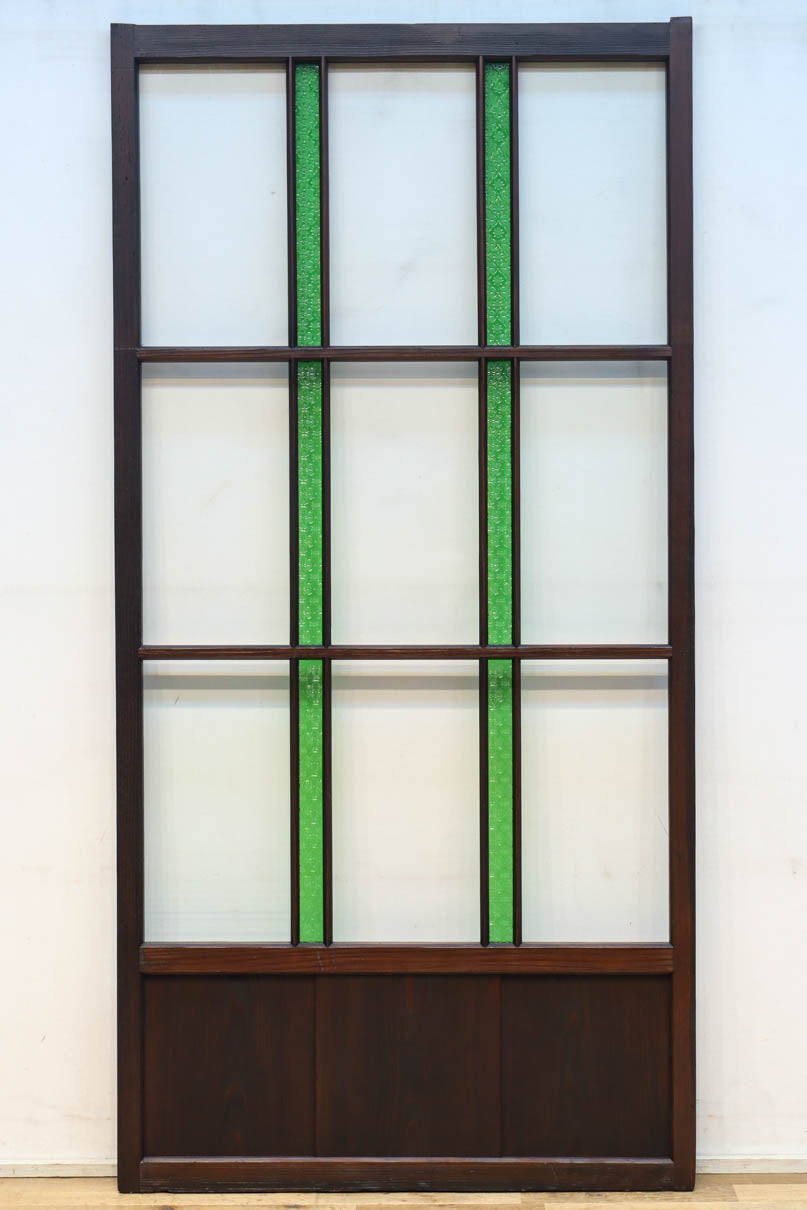 幅873ミリ　グリーンガラスのラインが爽やかなレトロガラス戸　F8558　在庫2枚