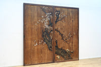 可憐な梅の花が咲く景色を描いた時代感滲む板絵戸セット　F8583　在庫2枚一組