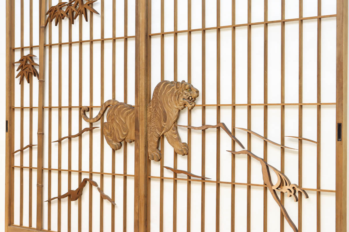 幅878ミリ　竹林の虎と龍を描いた迫力ある眺めの障子戸セット　F8590　在庫4枚1組