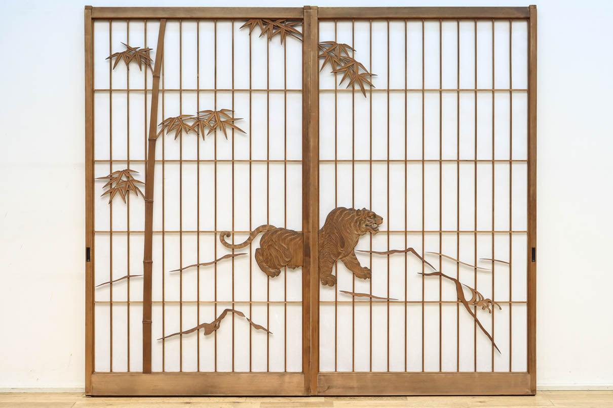 幅878ミリ　竹林の虎と龍を描いた迫力ある眺めの障子戸セット　F8590　在庫4枚1組