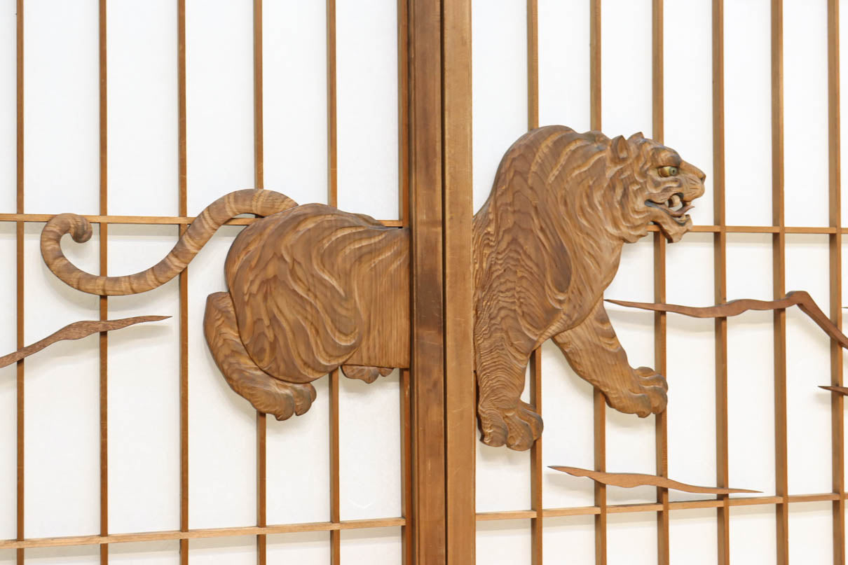 幅878ミリ　竹林の虎と龍を描いた迫力ある眺めの障子戸セット　F8590　在庫4枚1組