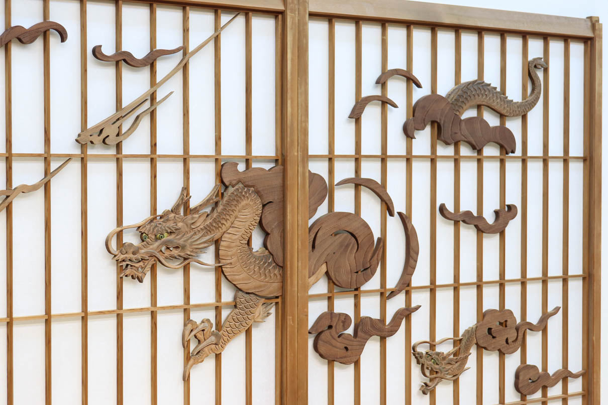 幅878ミリ　竹林の虎と龍を描いた迫力ある眺めの障子戸セット　F8590　在庫4枚1組