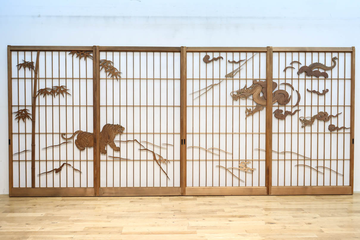 幅878ミリ　竹林の虎と龍を描いた迫力ある眺めの障子戸セット　F8590　在庫4枚1組