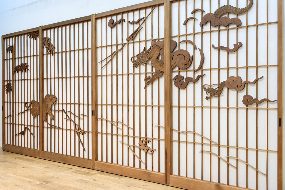 幅878ミリ　竹林の虎と龍を描いた迫力ある眺めの障子戸セット　F8590　在庫4枚1組