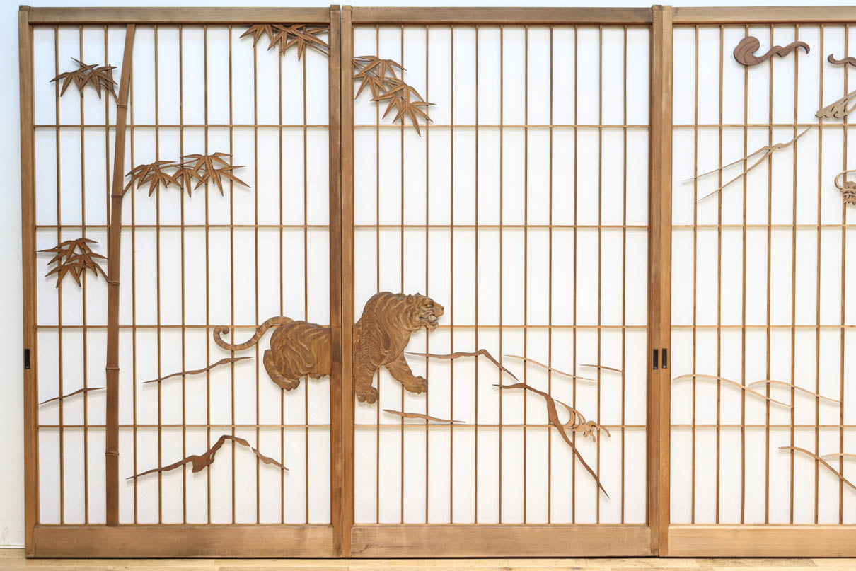 幅878ミリ　竹林の虎と龍を描いた迫力ある眺めの障子戸セット　F8590　在庫4枚1組