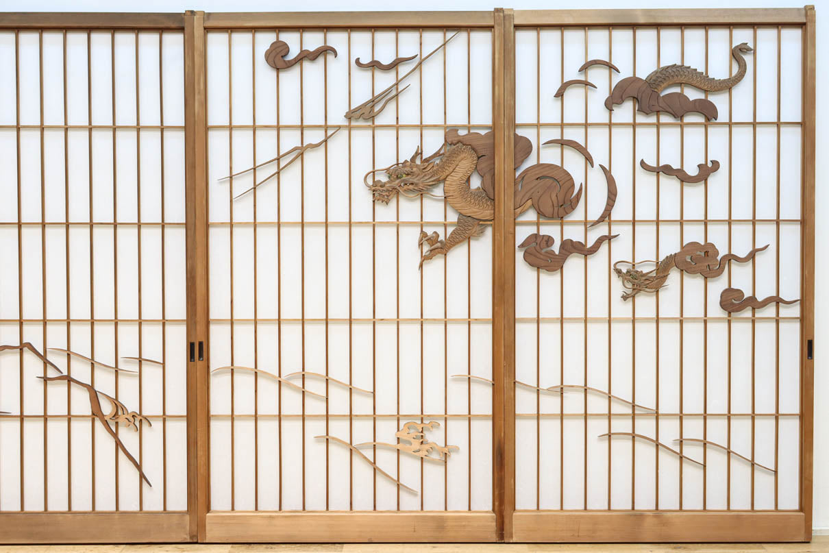 幅878ミリ　竹林の虎と龍を描いた迫力ある眺めの障子戸セット　F8590　在庫4枚1組