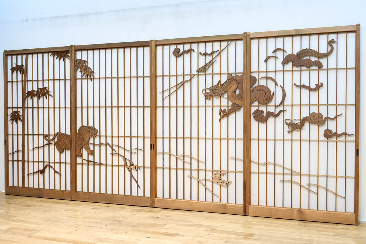 幅878ミリ　竹林の虎と龍を描いた迫力ある眺めの障子戸セット　F8590　在庫4枚1組