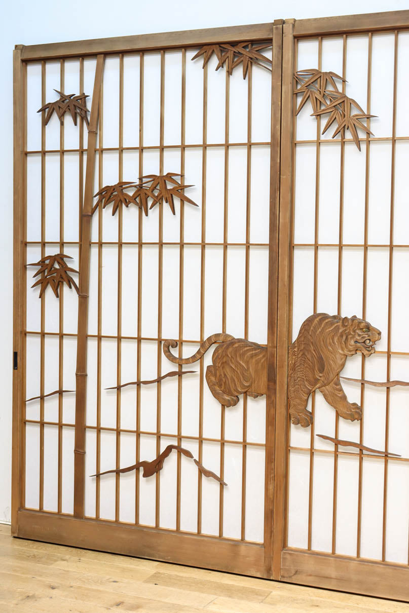 幅878ミリ　竹林の虎と龍を描いた迫力ある眺めの障子戸セット　F8590　在庫4枚1組