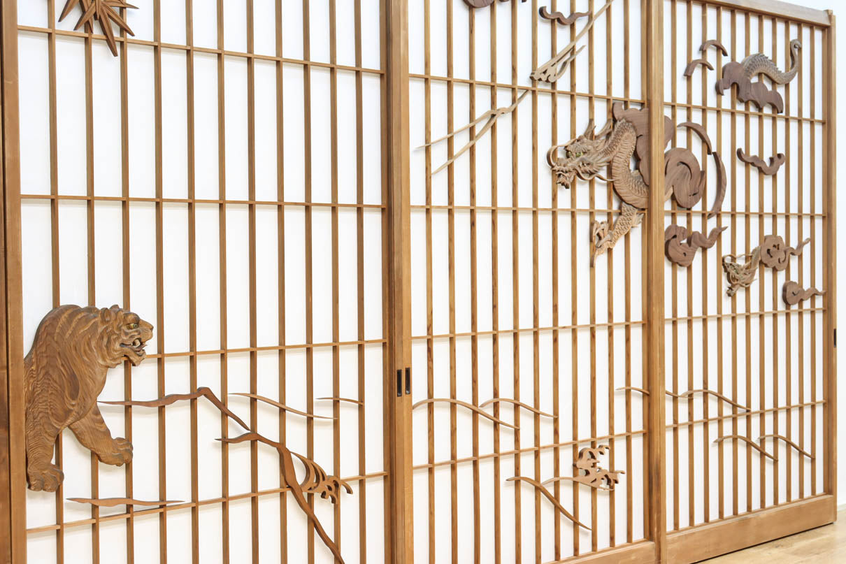 幅878ミリ　竹林の虎と龍を描いた迫力ある眺めの障子戸セット　F8590　在庫4枚1組