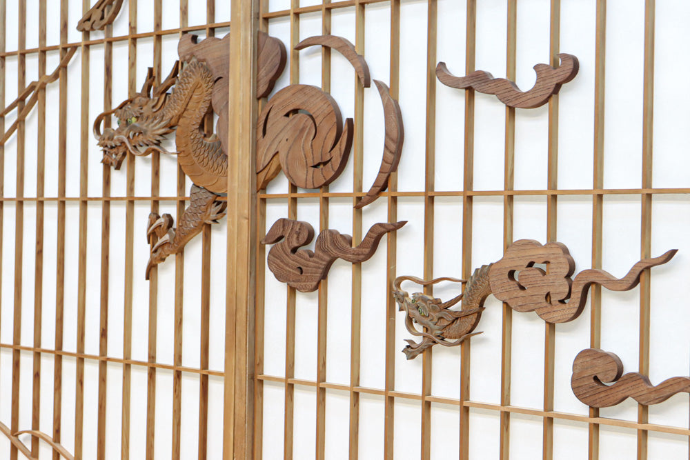 幅878ミリ　竹林の虎と龍を描いた迫力ある眺めの障子戸セット　F8590　在庫4枚1組