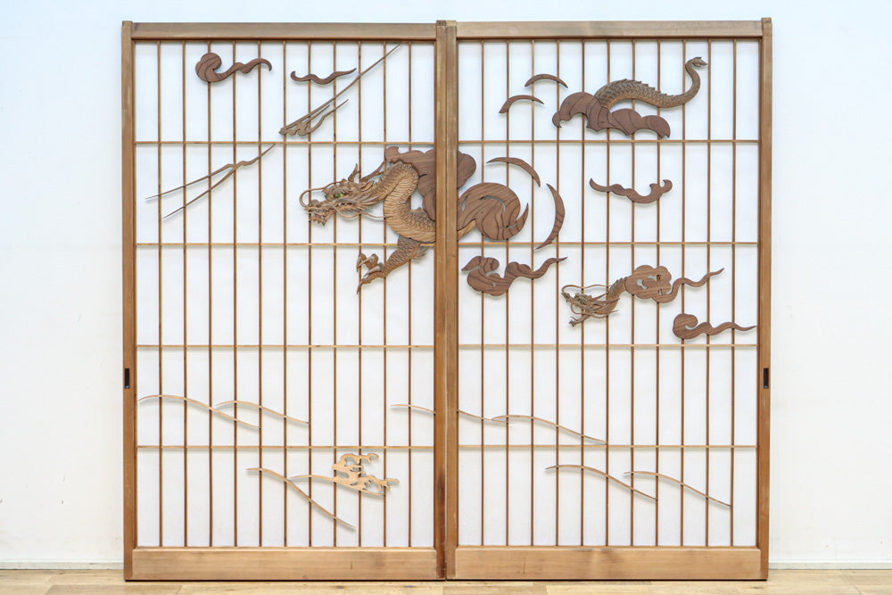 幅878ミリ　竹林の虎と龍を描いた迫力ある眺めの障子戸セット　F8590　在庫4枚1組