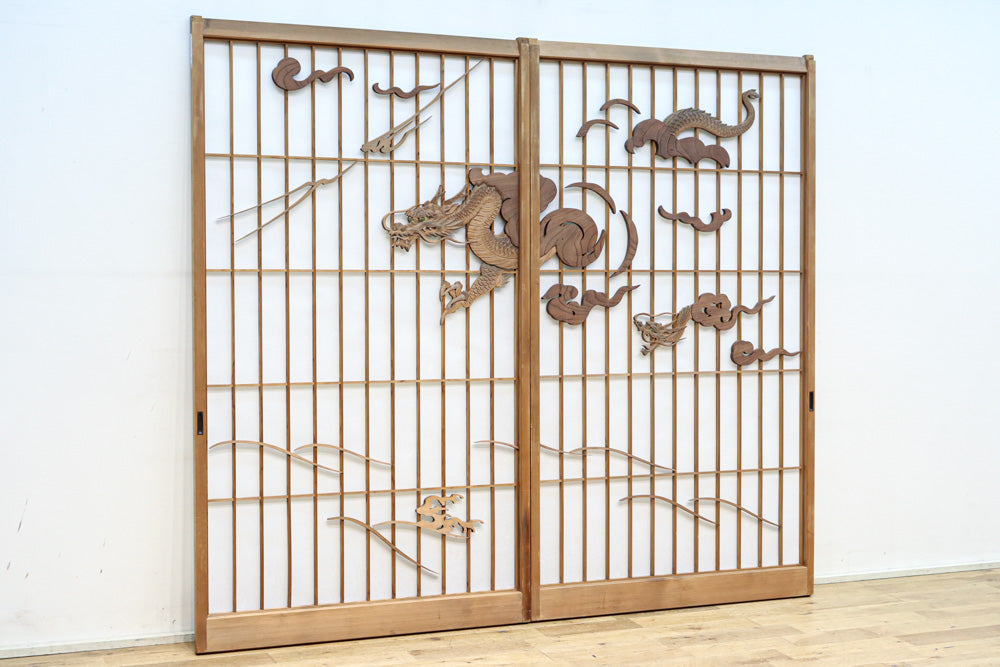 幅878ミリ　竹林の虎と龍を描いた迫力ある眺めの障子戸セット　F8590　在庫4枚1組