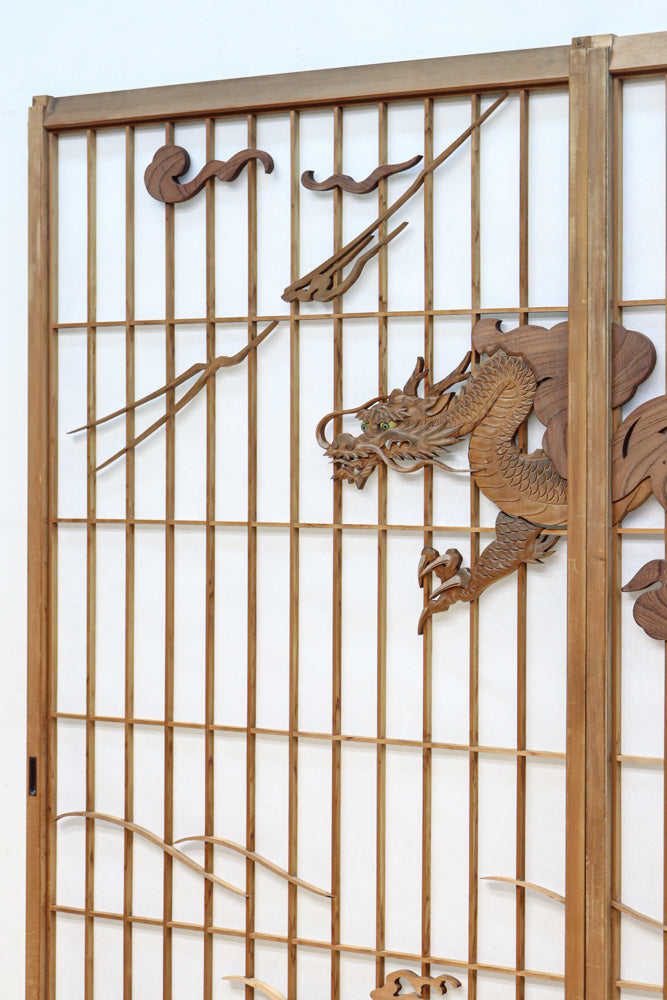 幅878ミリ　竹林の虎と龍を描いた迫力ある眺めの障子戸セット　F8590　在庫4枚1組