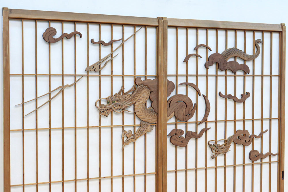 幅878ミリ　竹林の虎と龍を描いた迫力ある眺めの障子戸セット　F8590　在庫4枚1組