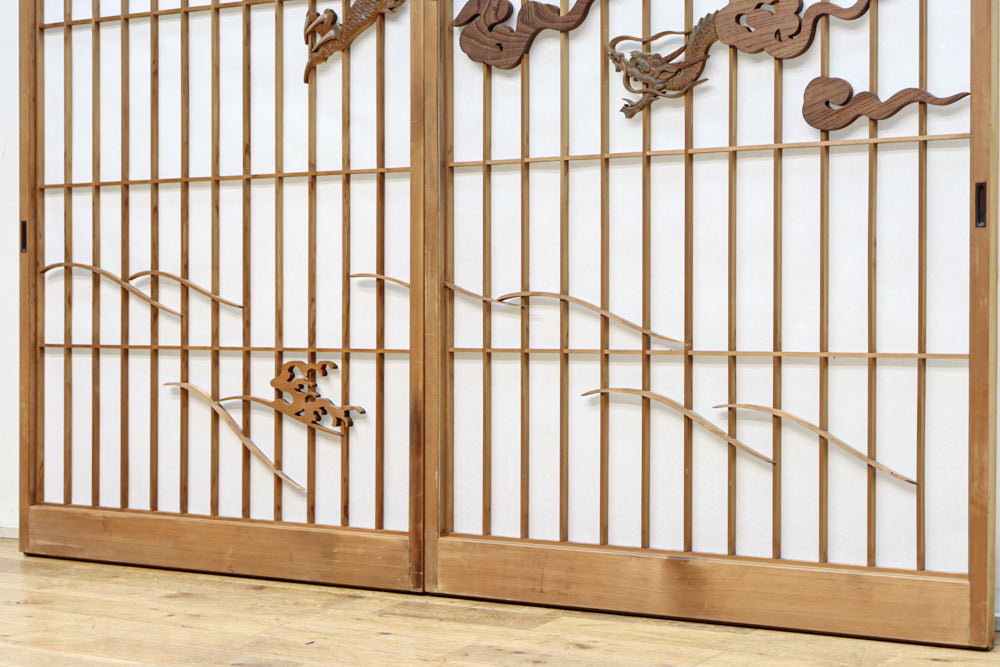 幅878ミリ　竹林の虎と龍を描いた迫力ある眺めの障子戸セット　F8590　在庫4枚1組