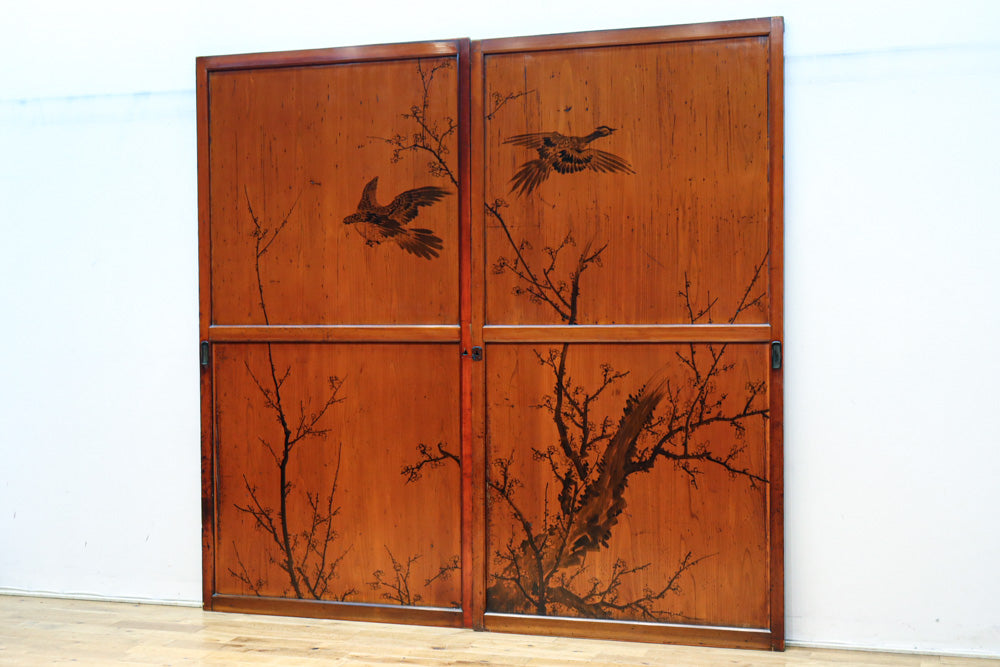 鷹と雉と梅の縁起良い板絵戸セット　F8593　在庫2枚1組