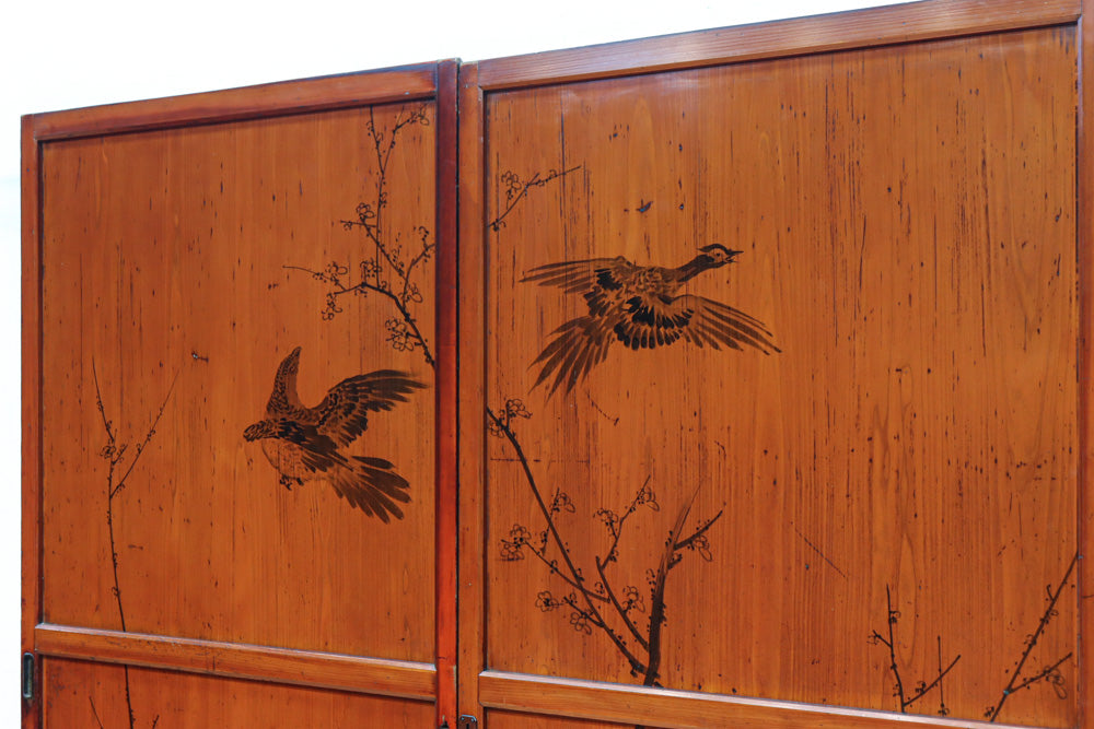 鷹と雉と梅の縁起良い板絵戸セット　F8593　在庫2枚1組