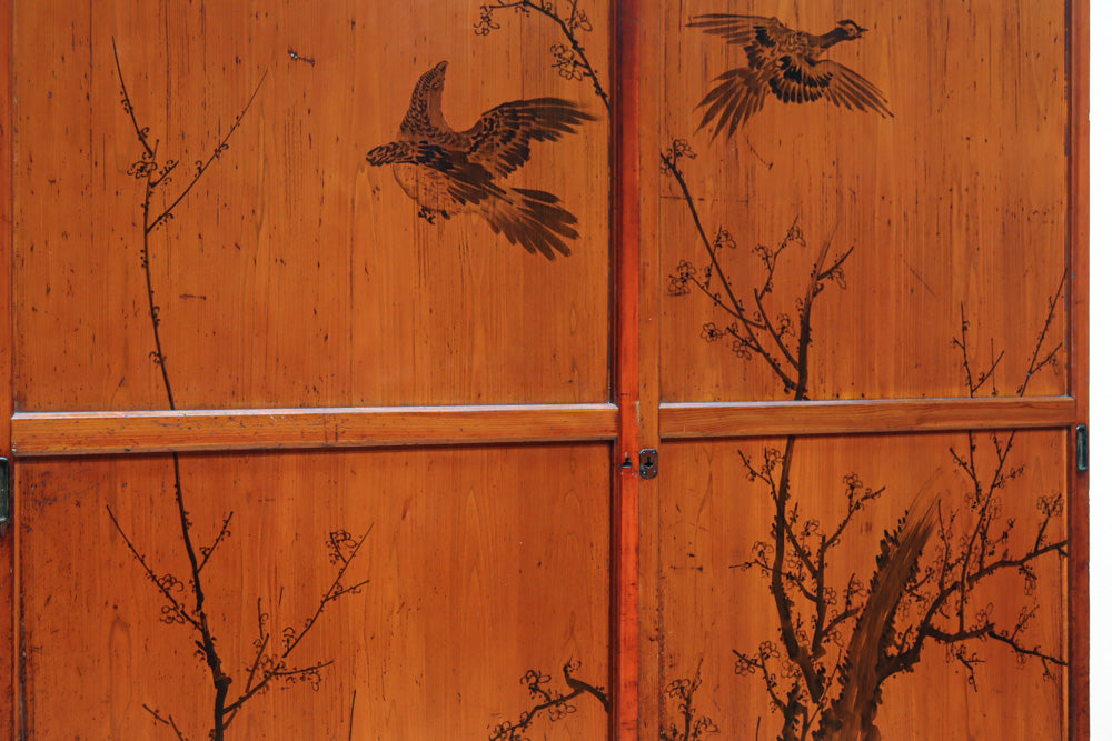 鷹と雉と梅の縁起良い板絵戸セット　F8593　在庫2枚1組