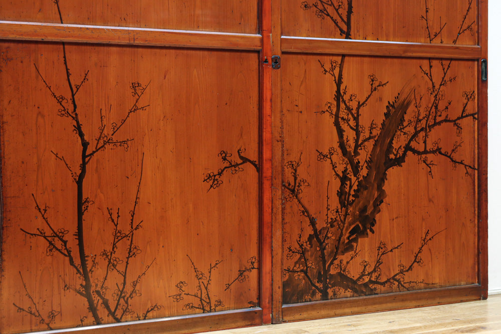 鷹と雉と梅の縁起良い板絵戸セット　F8593　在庫2枚1組