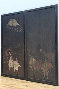 幅860ミリ　東海道から望む富士を描いたのか風情漂う素晴らしい板絵戸セット　F8594　在庫2枚1組