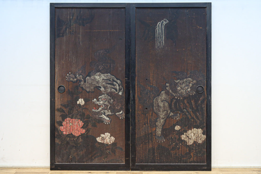 幅860ミリ　東海道から望む富士を描いたのか風情漂う素晴らしい板絵戸セット　F8594　在庫2枚1組