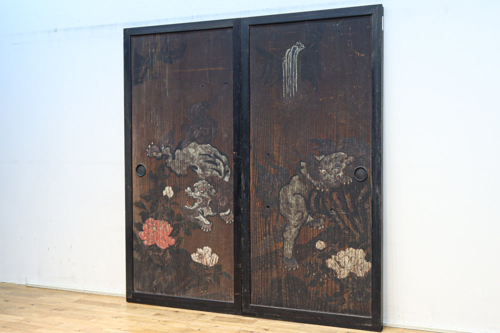 幅860ミリ　東海道から望む富士を描いたのか風情漂う素晴らしい板絵戸セット　F8594　在庫2枚1組